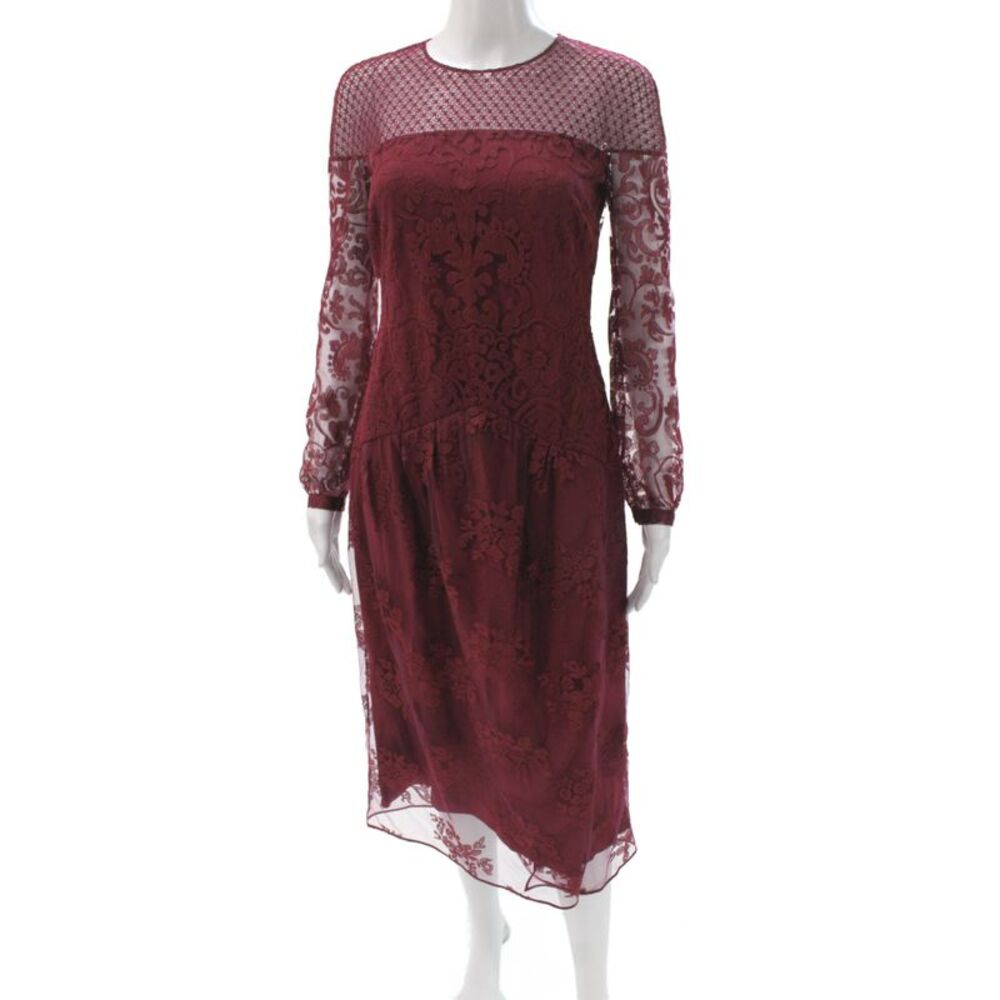 Burberry Womens Red Lace Sheath Midi Dress Long Sleeve Floral Size 40